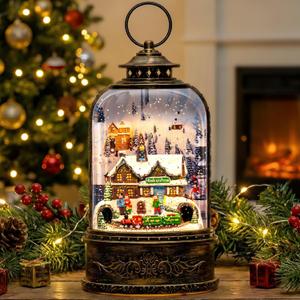 Christmas Village Snow Globe Water Lantern with Train Station Scene Battery Operated or USB Powered Musical Lighted Holiday Decoration for Tabletop Display for Family and Friends