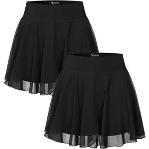OOQ Women Skirts 2 Pack 2 in 1 Flowy Mesh High-Waisted Basic Versatile Casual Mini Flare Skirt with Pockets, Black, Large