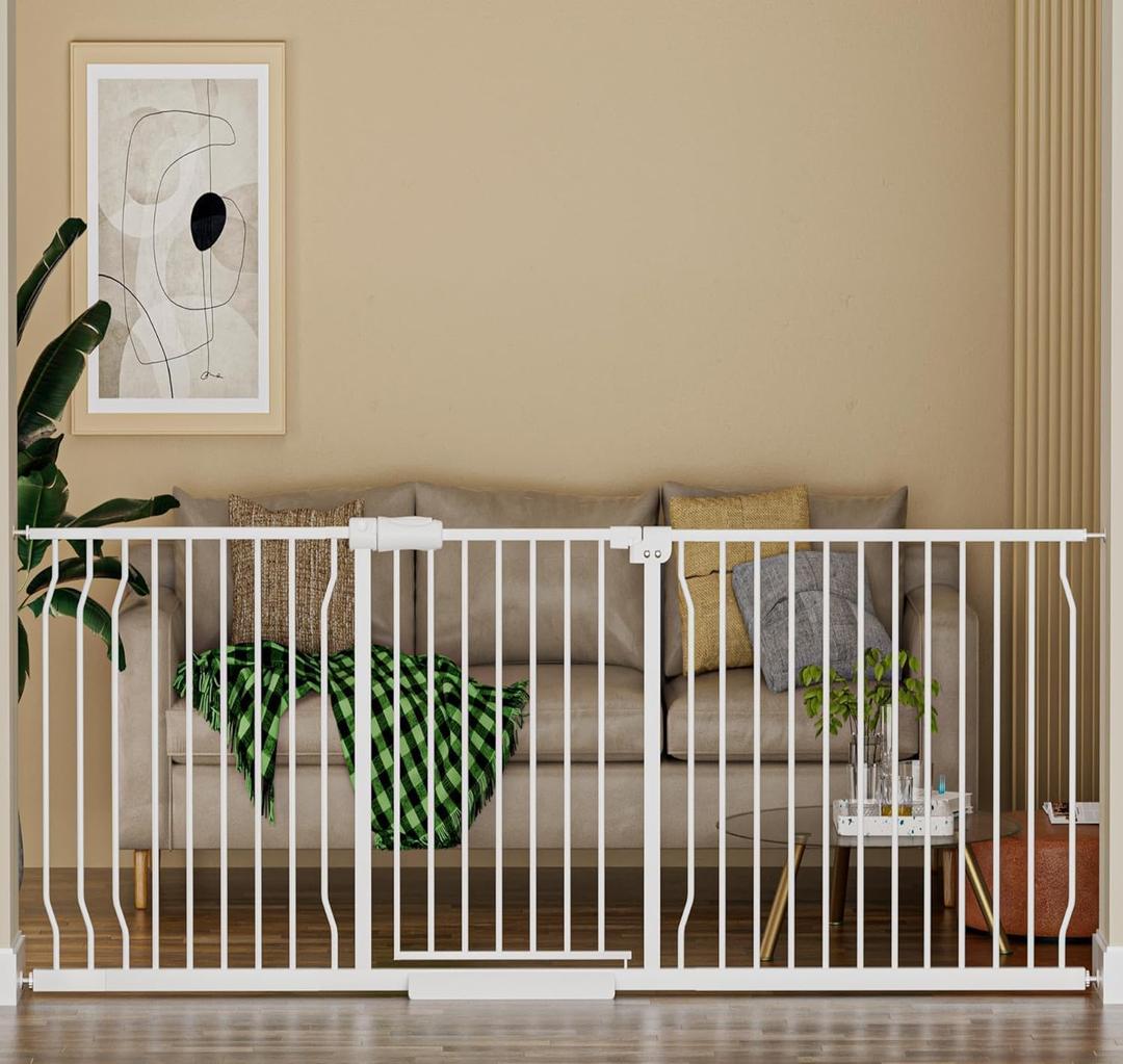 HOOEN Extra Wide Baby Gate for Doorways Stairs 86-105 Inch Wide Pressure Mounted Dog Gates for The House Walk Through Gates Indoor Safety Child Gates for Kids or Pets (86.3"-105") (86.3"-105"/219-267cm, White)