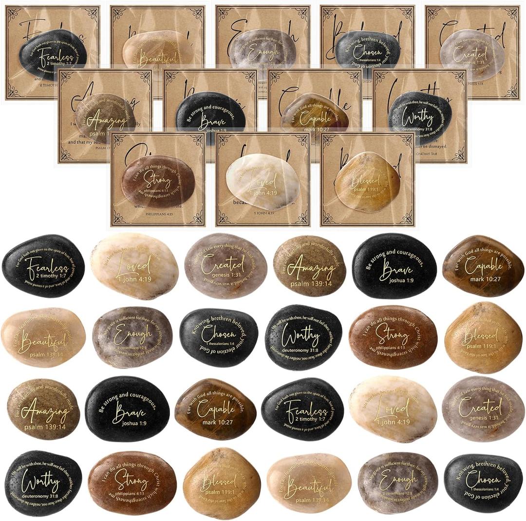 Geelin 24 Sets Bible Verses Scripture Stones with Christian Inspirational Card Religious Rocks Engraved Stones with Prayer Words for Women Men (Elegant)