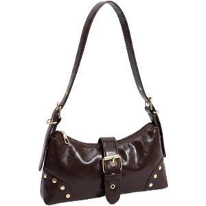 Y2K Shoulder Bag for Women, Vintage Buckle Punk PU Leather Dark Brown Purse, Adjustable Shoulder Strap Studded Bag, Clutch Purse