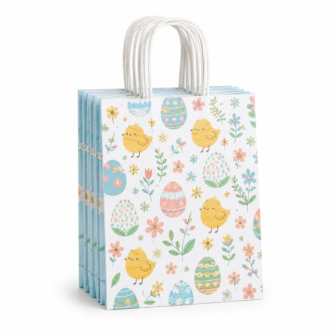 Easter Paper Gift Bags with Handles, Cute Chick and Egg Pattern Party Favor Bags for Easter Gifts, Candy, Treats and Spring Party Supplies