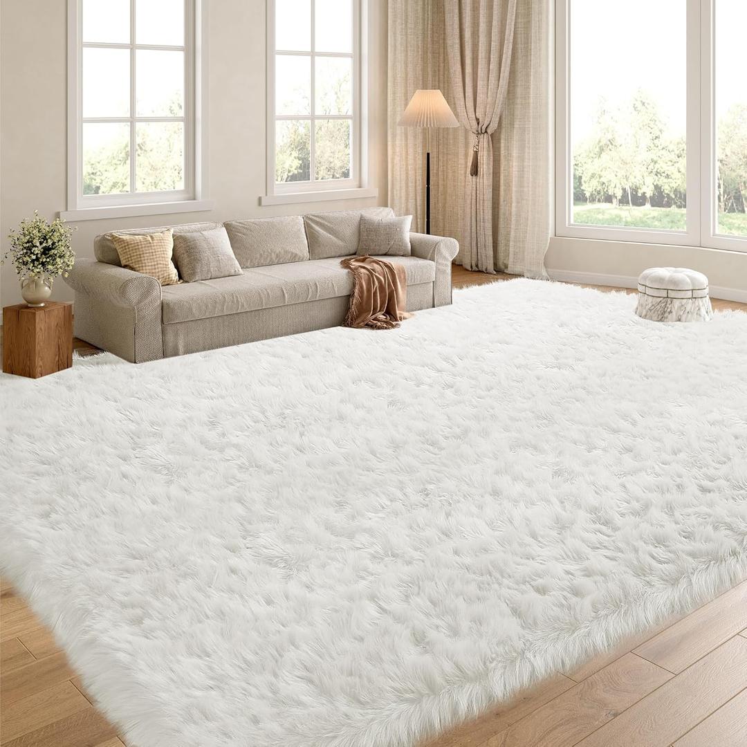 HOMBYS 10x10 Oversized Faux Fur Area Rug for Living Room Bedroom, Super Soft & Fluffy White Faux Sheepskin Play Carpet for Kids Children, Luxury Plush Furry Dcor Shaggy Feet Mat for Bedside
