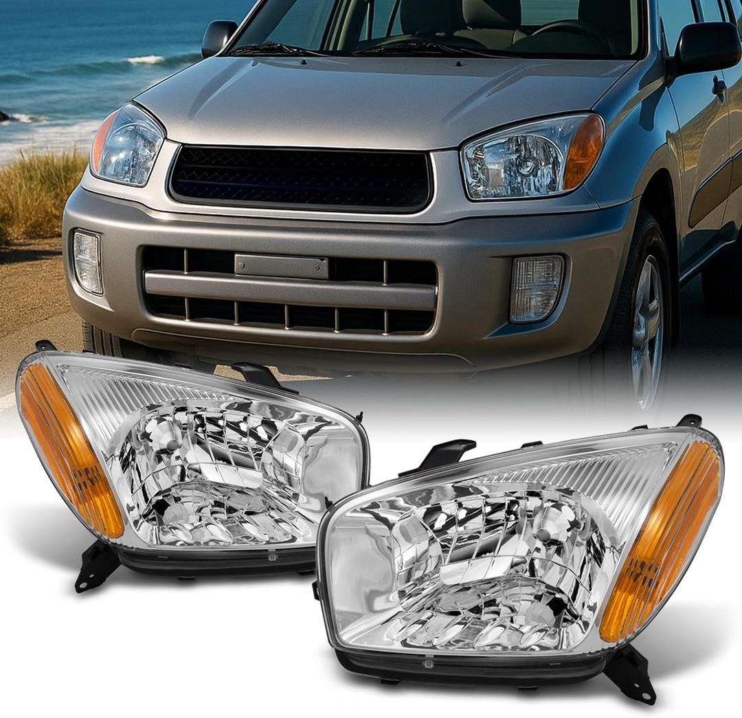AKKON - For 2001-2003 Toyota RAV4 Clear Headlights Head Lamps Driver and Passenger Side Replacement Pair (Chrome Housing)
