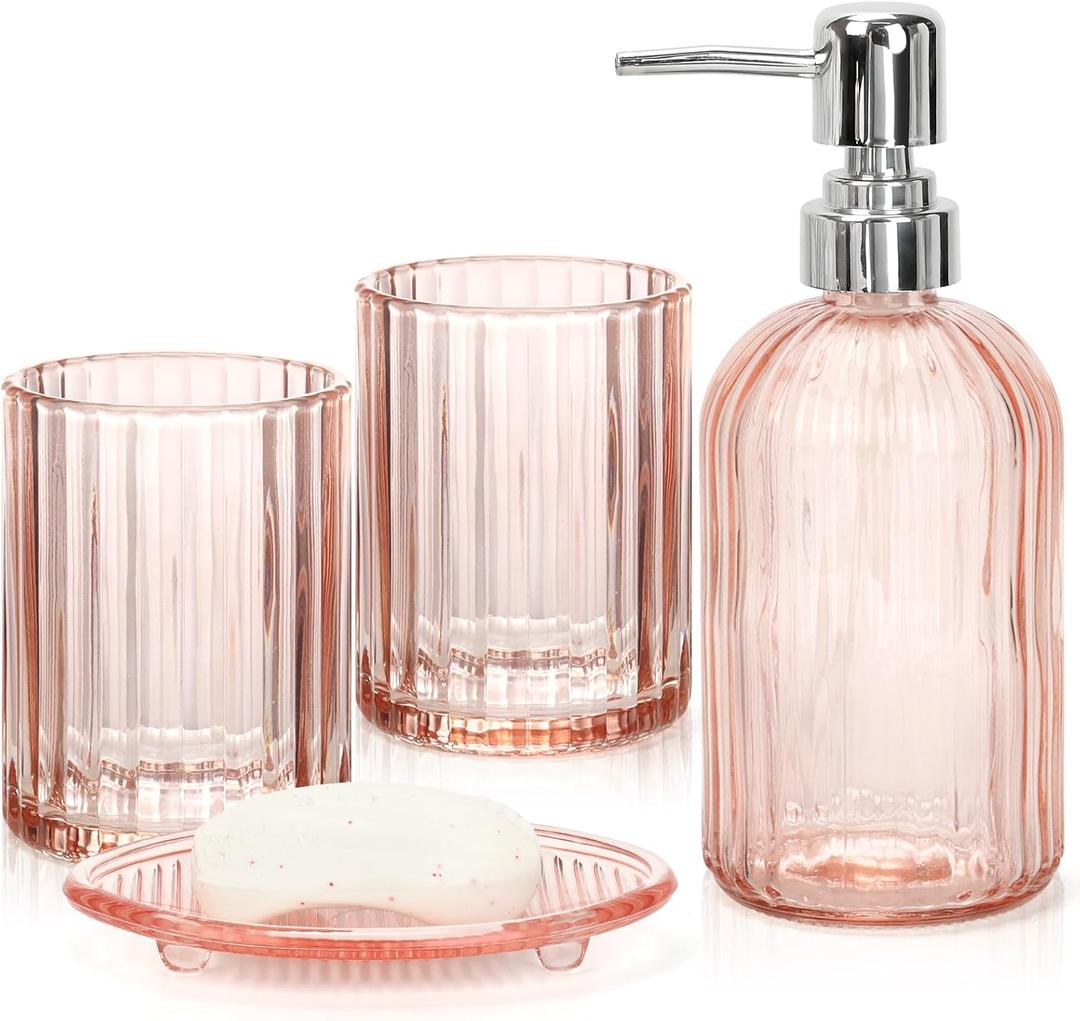 Glass Bathroom Accessories Set, 4Pcs Bathroom Accessories Sets Complete Lotion Soap Dispenser, Toothbrush Holder, Mouthwash Cup, Soap Dish for Bath Decor, Countertop Vanity Organizer (Pink)
