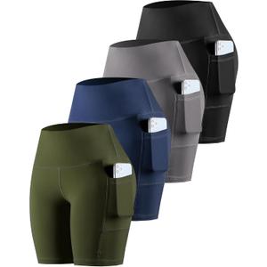 CHRLEISURE Womens Biker Yoga Shorts with Pockets: High Waisted Tummy Control Spandex Workout Athletic Gym Shorts 4 Packs 8' Medium