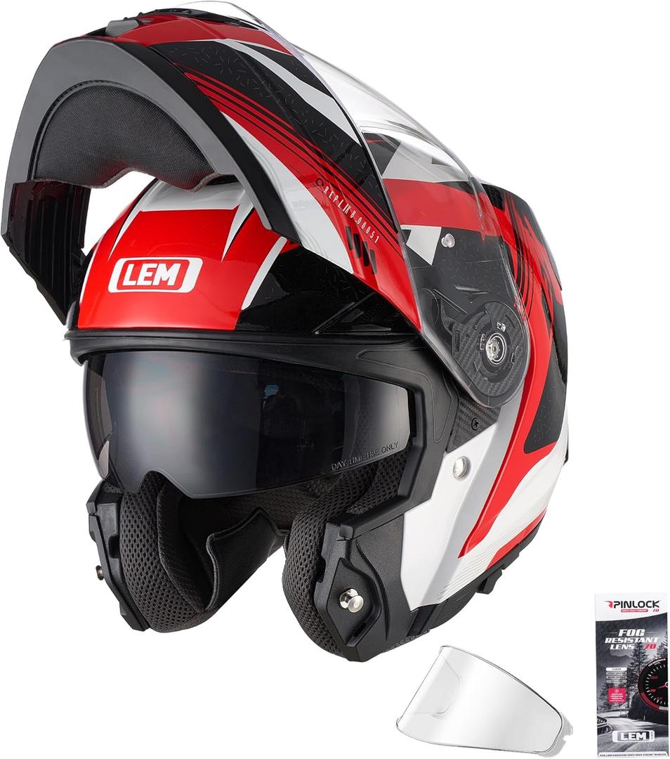 LEM Modular Motorcycle Helmets Fiberglass, Full Face Motorcycle Helmet Flip Up for Touring, DOT Certified, Release Sun Visor & Removable Comfort Liner, Lightweight Street Bike Helmet (Red/White,L)