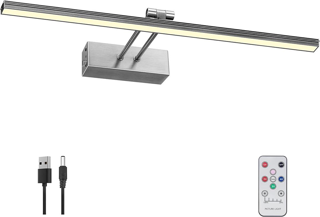 FUNCHDAY Picture Light, Battery Art Lights for Wall, Wireless Remote Painting Light with Timer and Dimmable, 16" Metal Display Lighting for Artwork, Portrait, Gallery (Brushed Black)