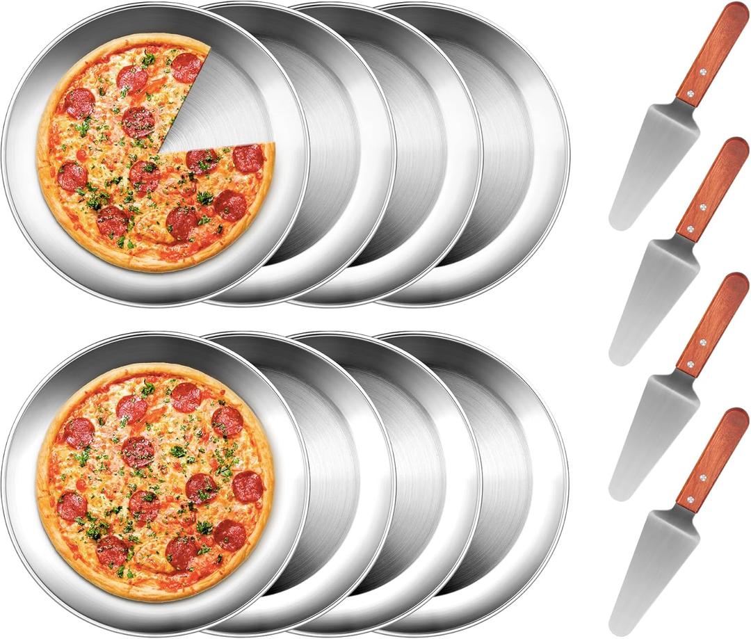 tchrules 12 Inch Pizza Pan Set of 8, Stainless Steel Pizza Tray, Round Non-Stick Coating Pizza Plate for Oven Kitchen Baking Home Restaurant, Dishwasher Safe Silver