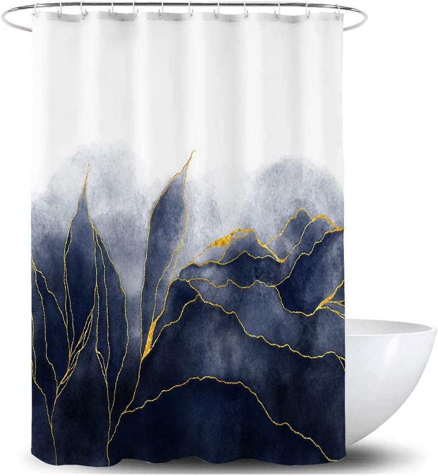 Navy Blue Marble Shower Curtain Stylish Ombre Dark Blue and Gold Marble Leaves Bathroom Curtains Abstract White Golden Fabric Waterproof Polyester 72 x 72 Inches