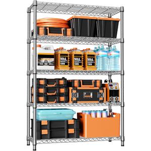 IZEUK 1750LBS Garage Shelving Wide Storage Shelves 5 Tier Metal Shelves Heavy Duty Adjustable Utility Shelf Rack (Chrome, 5 Tier, 15.7" D x 45.3" W x 70.9" H)