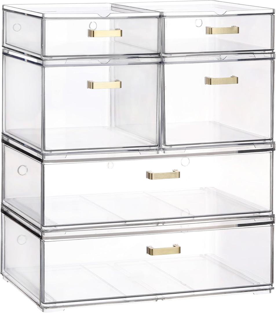 Stackable Storage Drawers, 6 Pack Clear Acrylic Organizer Bins with Golden Handles, Multi-Size Plastic Drawers for Makeup, Vanity, Kitchen, Bathroom, Office, Under Sink & Cabinet Organizatio