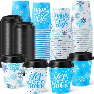 100 Set Winter Paper Cups with Lids Winter Disposable Hot Cold Coffee Cups for Holiday Party Supplies(Blue White, 8oz, Snowflake)