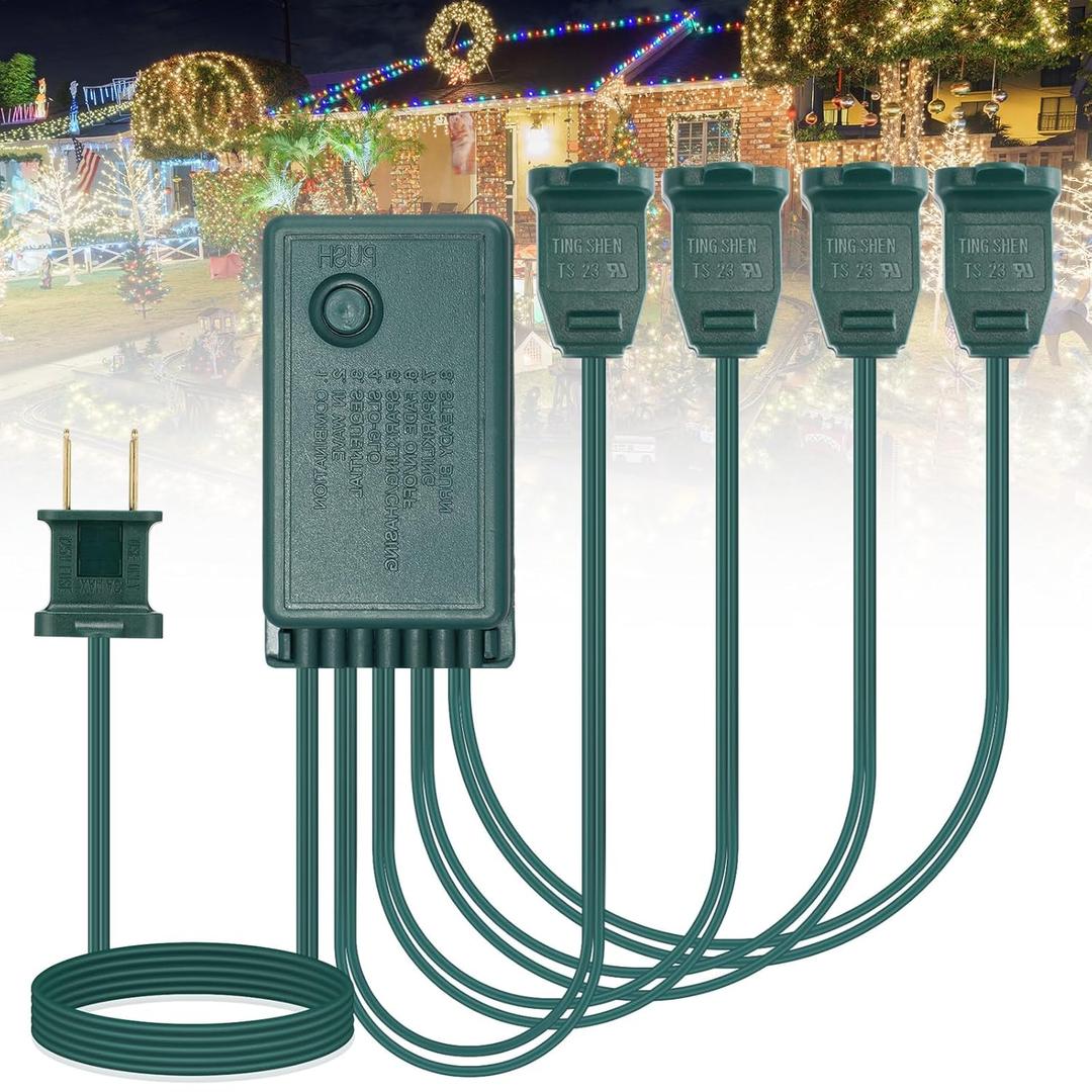 4 Channel Christmas Light Controller with Chasing Push Button Speed Control 24W 9 Function Christmas Tree Light Flasher Plug Blinking Adapter for Outdoor Indoor Xmas Halloween Holiday Decor