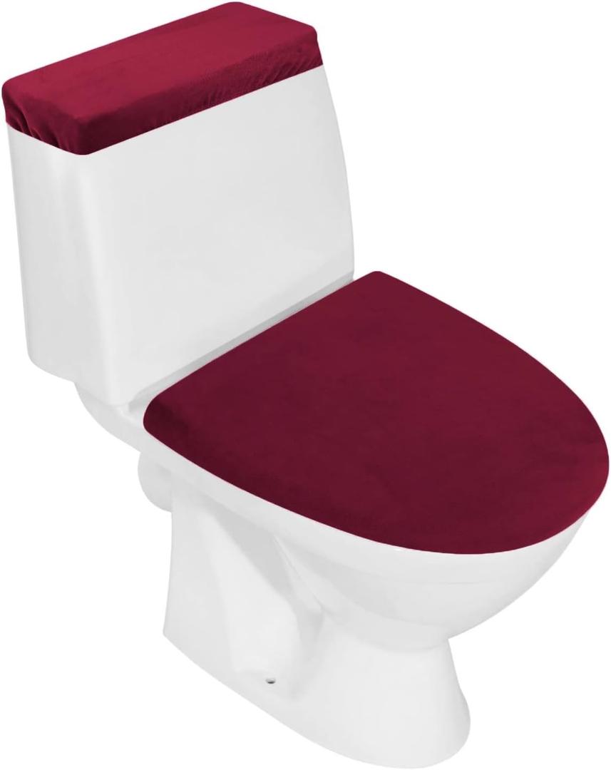 Stretch Velvet Toilet Lid Cover and Toilet Tank Lid Cover, Bathroom Super Soft Toilet Lid Cover Set Luxury Velvet Plush, with Elastic Bottom, Machine Wash, Burgundy