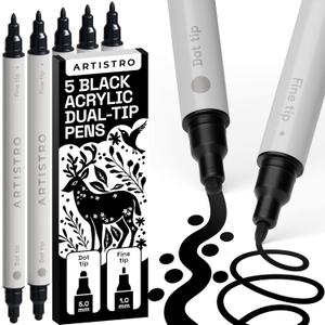 ARTISTRO 5 Black Acrylic Paint Markers for Rock, Fabric, Wood, Glass, Decoration - Dual-Tip Paint Pens for Coloring Books for Adults, Teens, Kids - Art and Craft Supplies Kit - Gift Idea