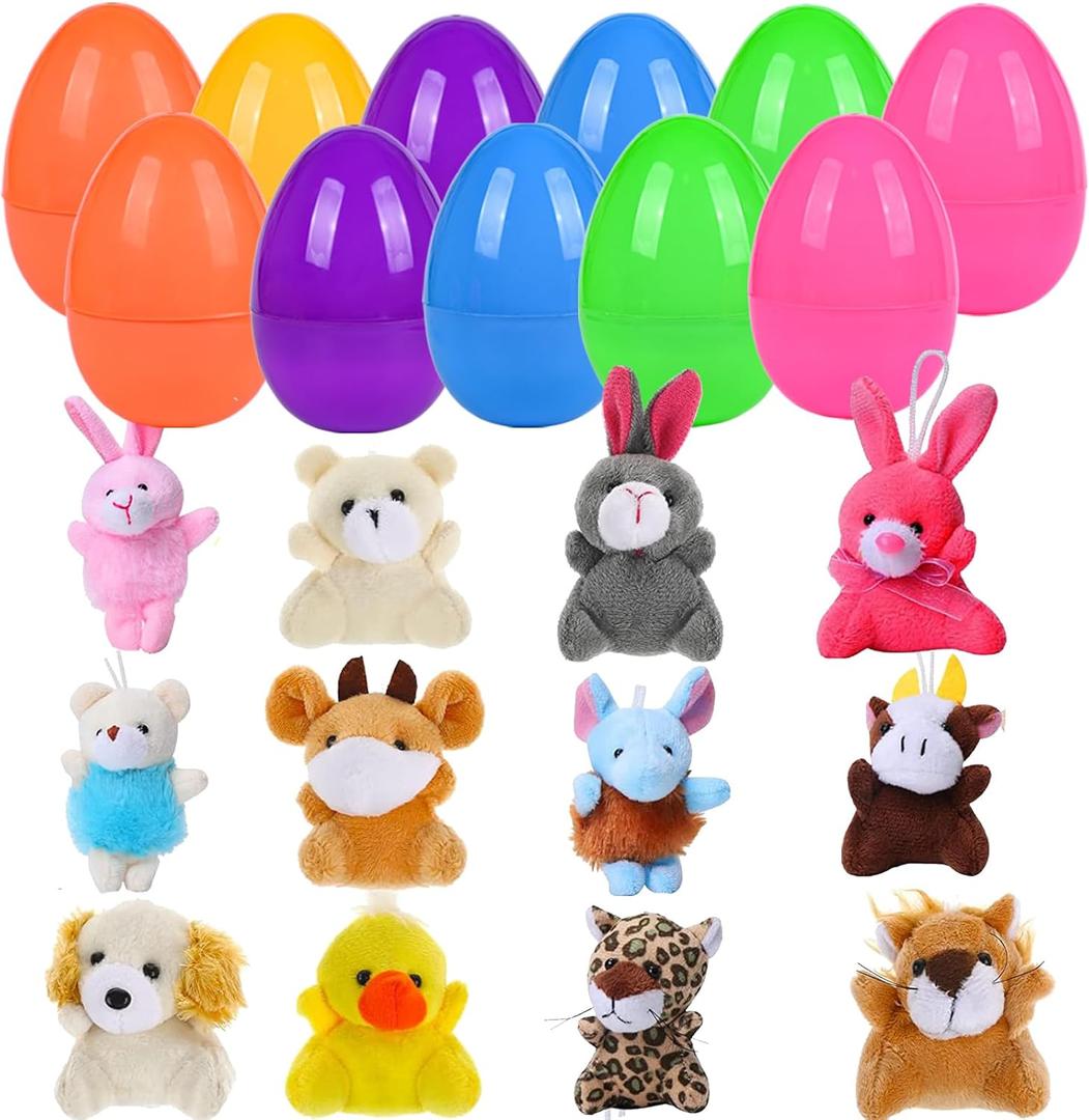 12 PCS Easter Eggs Filled with Mini Plush Animal Toys, Easter Basket Stuffers for Toddler Boys Girls, Plastic Easter Egg Filler Animal Plush Easter Gift for Kids, Easter Egg Hunt Party Favor