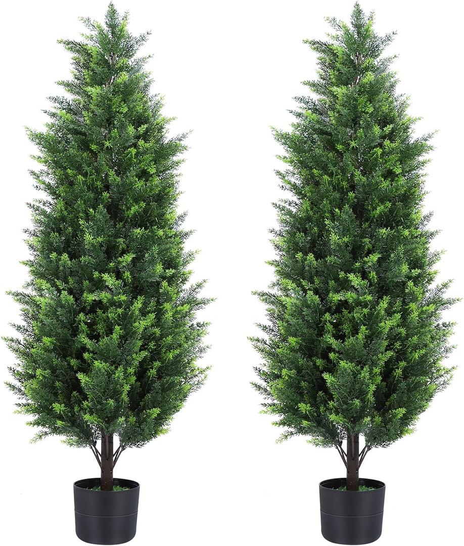 4FT Tall Artificial Cedar Topiary Trees Set of 2, Artificial UV Resistant Potted Plants, Faux Bushes Fake Shrubs for Outdoor Indoor Home Entryway Front Porch Garden Patio Offices Living Room Decor