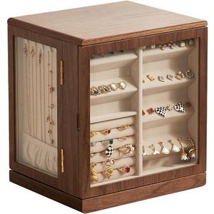Black Walnut Wooden Jewelry Box - 360 Rotating Jewelry Organizer for Women with 5 Drawers for Rings,Necklaces,Earrings and Bracelets -Large Storage Case - Mothers Day Gifts for Mom