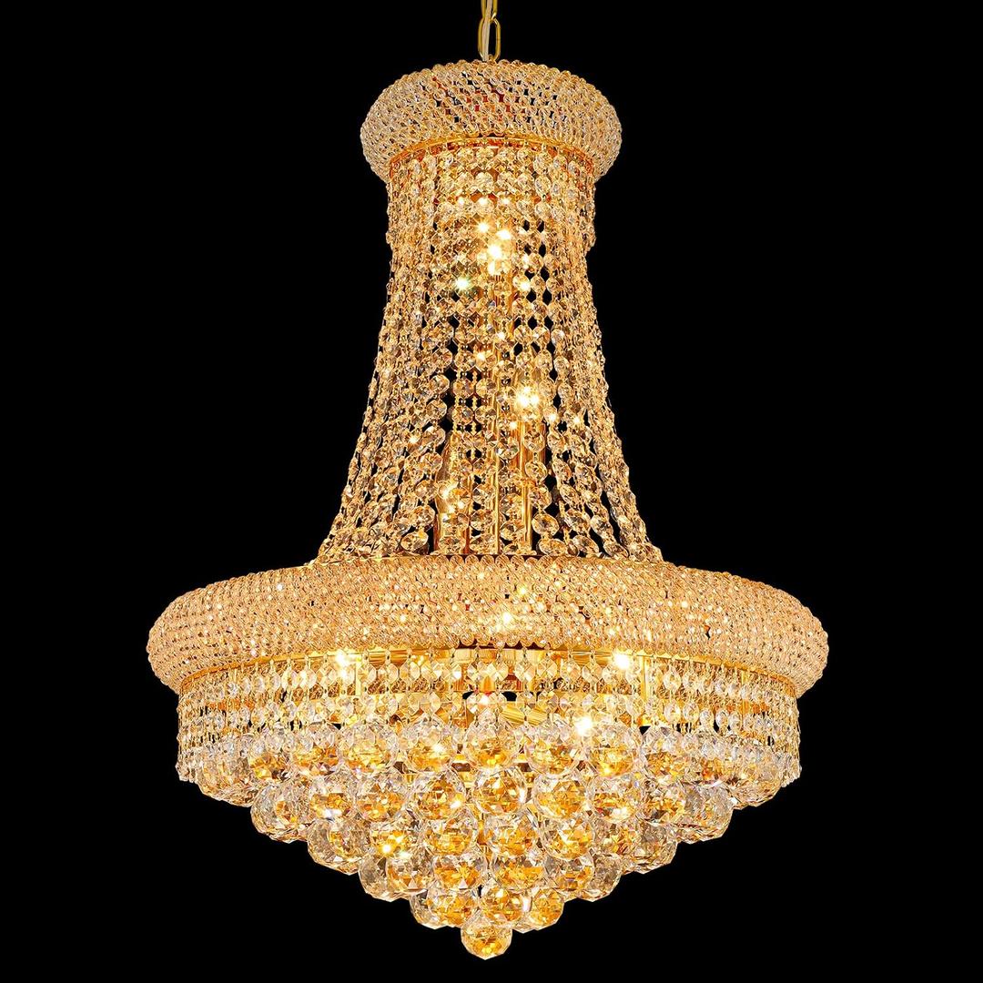 Crystal Chandeliers for Dining Room Light Fixture,Empire Style K9 Crystal Chandeliers for Entryway,12 Lights Gold Luxury Lighting Fixtures for Living Room Stairway Bedroom Foyer D22 Inch