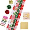 LaRibbons Christmas Wrapping Paper Sets, Snowflake & Candy Cane & Gingerbread Man Design with Ribbons & Gift Tags & Metallic Pom Pom for Christmas, Holiday，30Inch × 10Feet（ 4 Rolls: 100 Sq.Ft.Ttl）