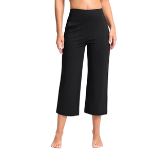 Women's Capri Pants with Pockets High Waist Yoga Pants Wide Leg Workout Crop Summer Pants for Casual, Travel, Exercise, Size Medium, Black