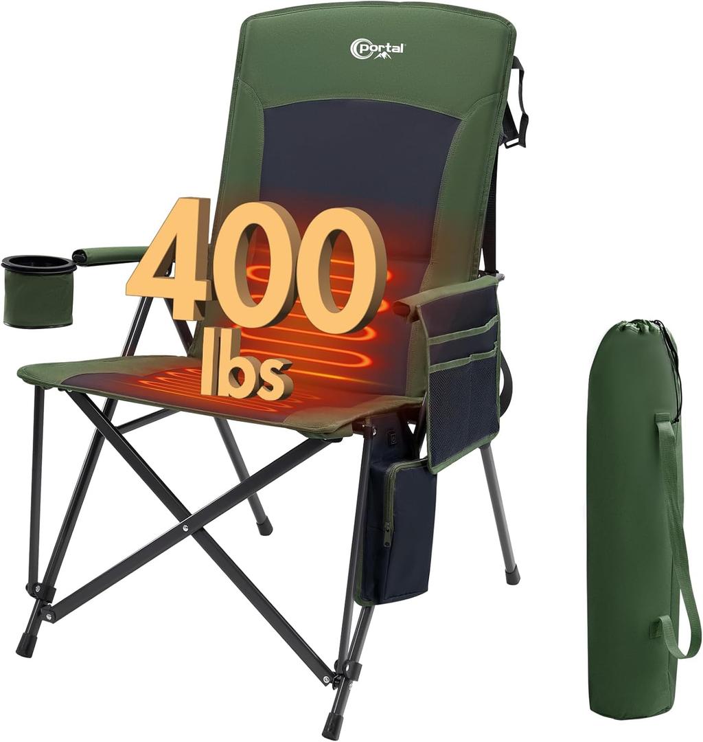 PORTAL Heated Camping Chairs for Adults Outdoor Sports Oversized Folding Lawn Chair with High Back, Heavy Duty 400 Lbs, Battery Not Included, Green
