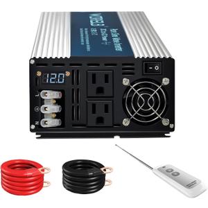WZRELB 3000W Pure Sine Wave Inverter 12V DC to 110V 120V AC with LED Display,Remote Controller,Off-Grid Power Converter 6000W Surge with Dual AC Outlets, Hardwire Terminal for Home, RV, Truck, Camping