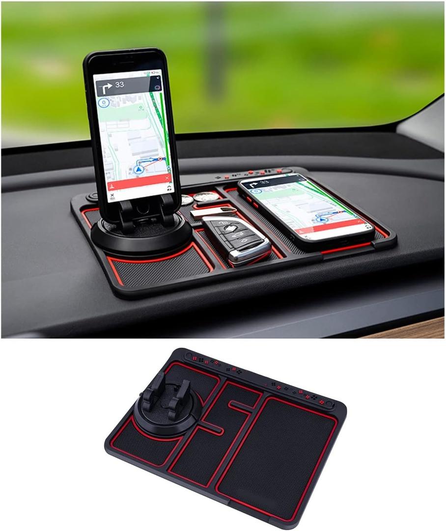 Non-Slip Phone Pad for 4-in-1 Car, 2023 New Cool Glow in The Dark Car Dashboard Phone Mat with Temporary Car Parking Card Number Plate and Aromatherapy, Anti-Shake Pad Universal Phone Holder (Red)