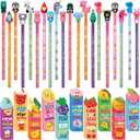 Teling 80 Pcs Scented Bookmarks and Smelly Pencils with Cute Toppers Set Fun Pencils Fruit Food Theme Scratch and Sniff Bookmarks Cartoon Pen Toppers for Kids Students Supplies (Cute Style)
