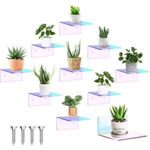 Yalikop 10 Pieces Small Floating Shelves for Wall 4'' Acrylic Mini Wall Shelf Acrylic Display Shelf Clear Hanging Shelves Room Decor for Bedroom, Bathroom, Living Room, Office (Rainbow Color)