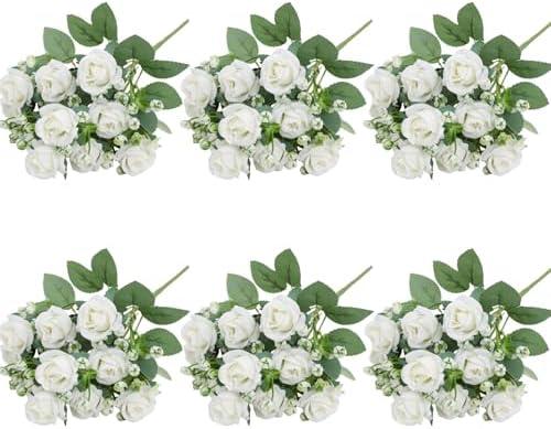 Ritzephyria 6-Pack White Silk Rose Bouquets, 60 Roses Artificial Flowers Heads with Faux Baby's Breath Stems Leaves, Fake Roses for Wedding Bouquets, Centerpieces & Home Table Décor