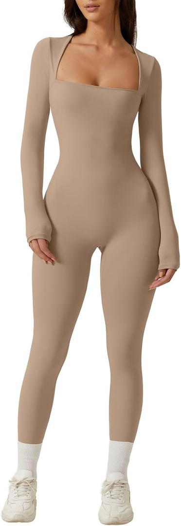 QINSEN Womens Sexy Square Neck Long Sleeve Full Length Leggings Bodycon Stretch Jumpsuit (Medium, Cococa Cream)