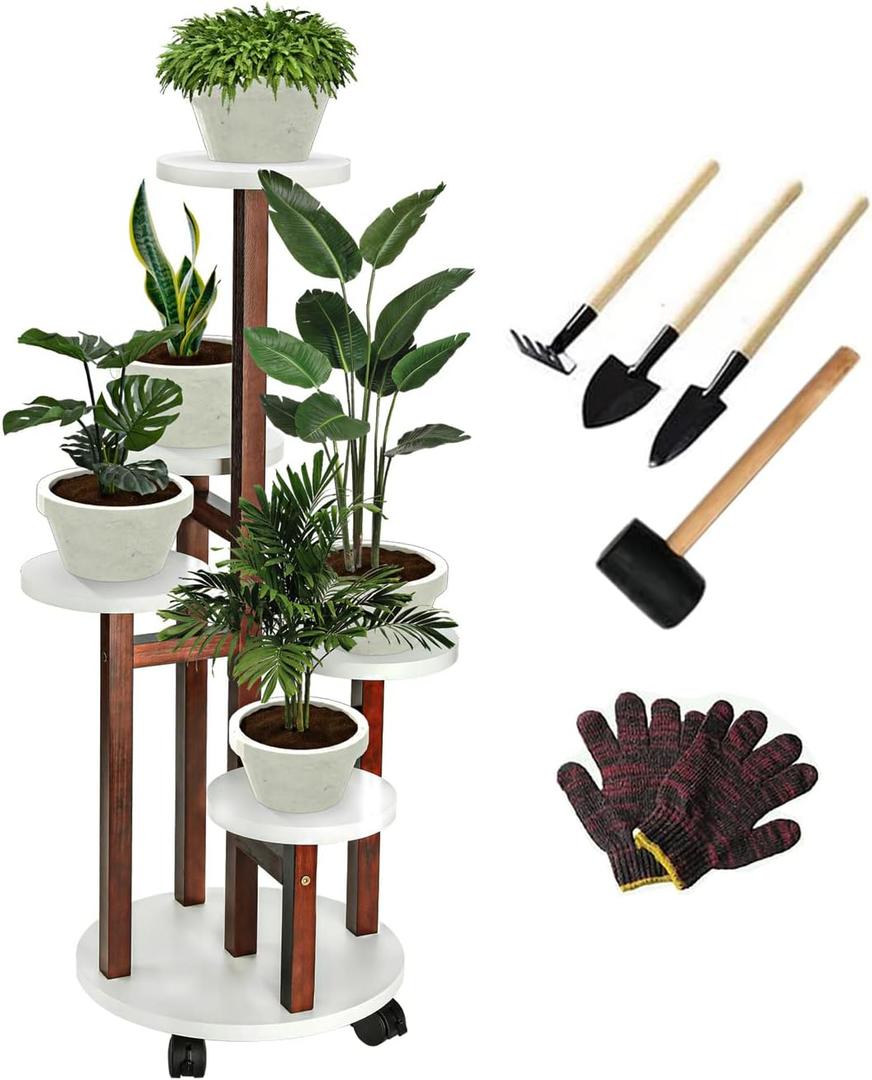 Plant Stand Indoor with Wheels - 5 Tiered Wood Corner Plant Stands For Living Room Balcony Garden Patio Outdoor- Espresso White
