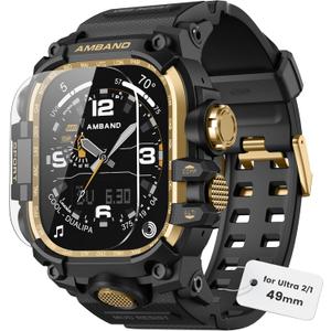 amBand Rugged Case with Band for Apple Watch Ultra 2/1 49mm, M3 High-End Sport Wristband for Men with Screen Protector for iWatch, Stylish Gift for Husband Boyfriend Father Brother Son, Black Gold