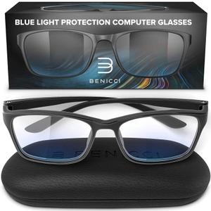 Stylish Blue Light Blocking Glasses for Women & Men  Helps Ease Digital Eye Strain & Headache from Computers, Phones w/Case (Black)