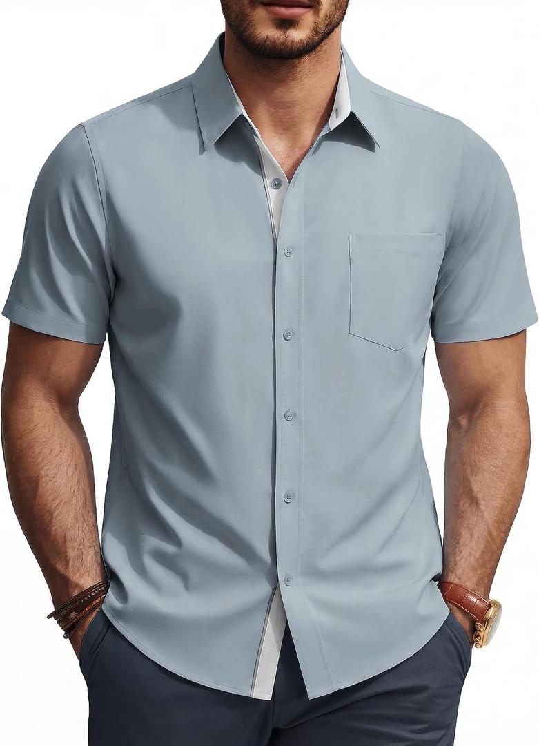PJ PAUL JONES Mens Dress Shirt Short Sleeve Button Down Shirts Wrinkle-Free Business Casual Shirts with Pocket L
