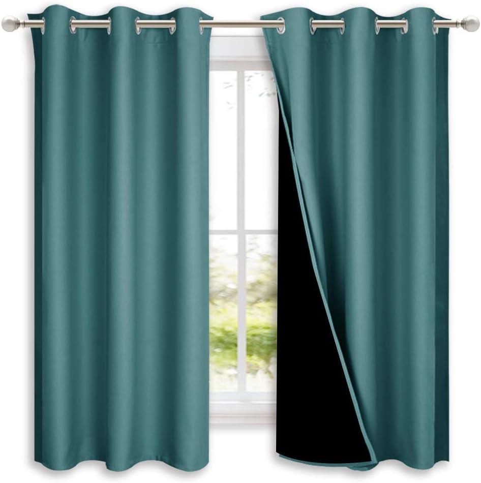 NICETOWN 100% Blackout Curtains 54 inches Long, Sea Teal, 1 Pair, 42 inches Width Each Panel, Double-Deck Completely Blackout Window Treatment Thermal Insulated Lined Drapes for Small Window