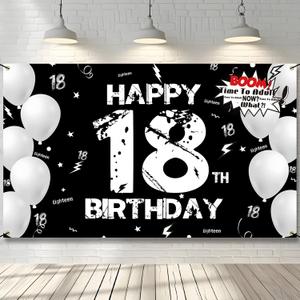 18th Birthday Decoration for Men Women, Fabric Happy 18th Birthday Backdrop Banner Black White, 18 Year Old Birthday Party Yard Sign Photo Booth Props Decor Supplies for Boys Girls