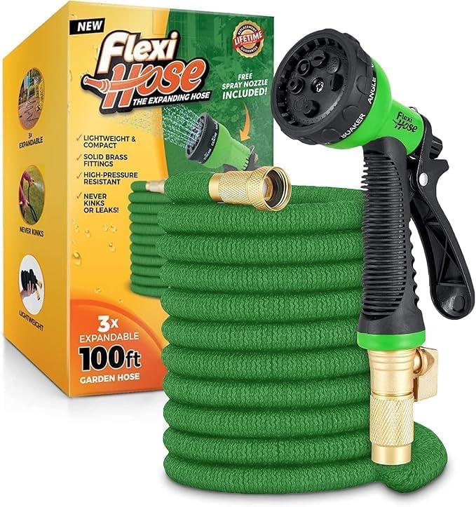 Flexi Hose with 8 Function Nozzle, 150FT - Lightweight Expandable Garden Hose, No-Kink Flexibility, 3/4 Inch Solid Brass Fittings and Double Latex Core - Green