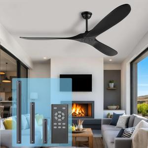 Solid Wood Ceiling Fans Without Light, 60 Inch Real Wood Ceiling Fan with Remote Control, 3 blade Natural Wood Outdoor Ceiling Fan Waterproof, ventilador de techo no Light for Patio, Indoor (Black Blades + Black Body)
