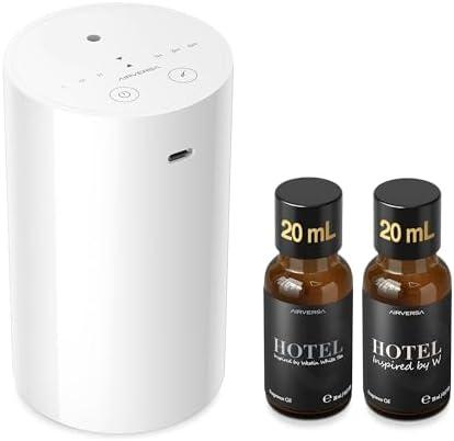 Airversa Waterless Essential Oil Diffuser Starter Kit with 20mL Hotel Fragrance Oils for Car Home Office, Up to 600 sq ft, Cordless Nebulizer Baterry Operated, Mist & Timer Settings AN8Kit-C, White