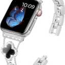 Tasikar Bling Diamond Women Band Compatible with Apple Watch Band 42mm 44mm 45mm 46mm 49mm Ultra SE Series 11 10 9 8 7 6 5 4 3 2 1 Lucky Clover Dressy Replacement Bracelet (Silver/Black)