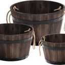 Set of 3 Wooden Flower Boxes Outdoor, Durable Acacia Wood Barrel Planters for Outdoor Plants with Ergonomic Handles, Drainage Holes, Multiple Sizes Wood Bucket Planter for Home Dcor (Dark Brown_round Wood Planter Pots_rope Handle)