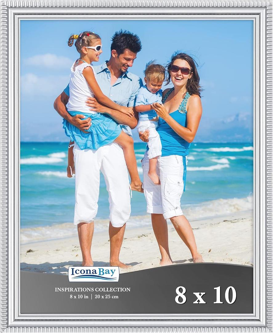 Icona Bay - 8x10 Silver Picture Frame - Beautifully Detailed Molding - Contemporary Picture Frame - Wall Mount or Table Top - Inspirations Collection