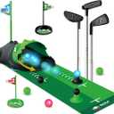 Upgraded Kids Toy Golf Set with Dinosaur Automatic Golf Returner, Led Light Up Night Golf Balls, 3 Clubs, Putting Mat, 3-8 Toddler Mini Golf Games, Indoor Outdoor Sports Toys for Boys Girls