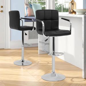Modern Square Bar Stool with Armrest Height Adjustable Hydraulic Counter Bar Stools 360 Degree Swivel PU Leather Bar Chairs L Shape Thicken Cushion Back Home Kitchen Island Barstools Set of 2, Black
