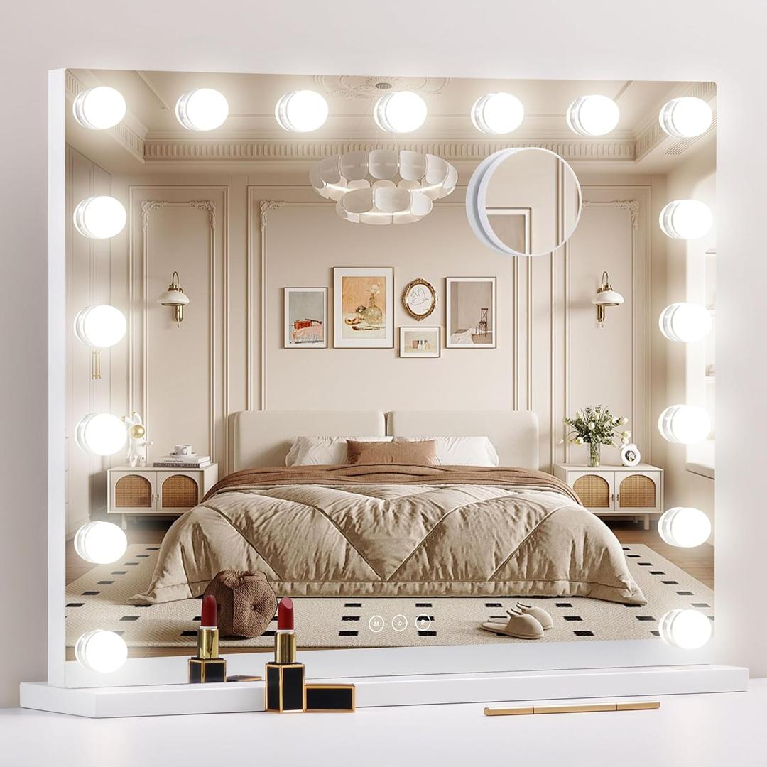 Vanity Mirror with Lights,Makeup Mirror with 17 Dimmable LED Bulbs, 3 Color Lighting Modes Detachable 10X Magnification Mirror Touch Control, 23.6X19,7 inch, White