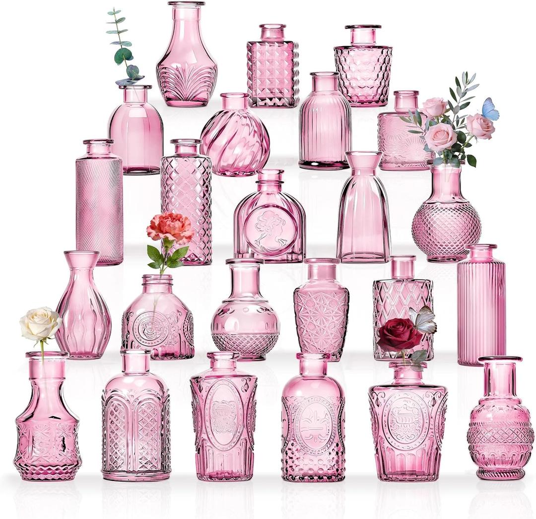 24PCS Mini Bud Vases As Wedding Centerpieces for Tables,Clear Bud Vases for Flowers,Small Flower Vases Suitable for Birthday Party,Anniversary,Wedding Reception,Baby Shower (Pink, 24PCS)