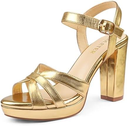 COLETER Women's Platform Chunky Heels Ankle Strap Block Heeled Sandals Party Wedding Shoes size 7